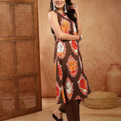 Stylum Women's Brown Kalamkari Face Printed Rayon A-Line Kurta Palazzo Set (KPBROWNRANCHI)