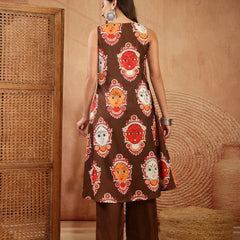 Stylum Women's Brown Kalamkari Face Printed Rayon A-Line Kurta Palazzo Set (KPBROWNRANCHI)
