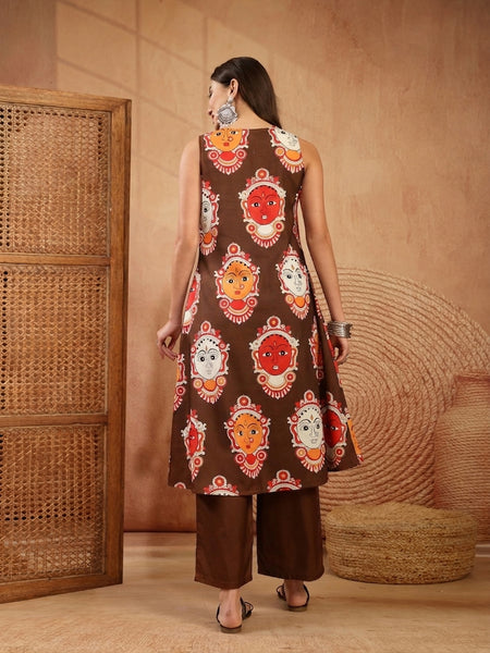 Stylum Women's Brown Kalamkari Face Printed Rayon A-Line Kurta Palazzo Set (KPBROWNRANCHI)