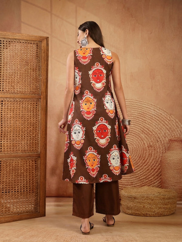 Stylum Women's Brown Kalamkari Face Printed Rayon A-Line Kurta Palazzo Set (KPBROWNRANCHI)