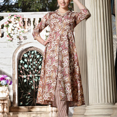 Stylum Women's Floral Printed Cotton Blend A-Line Kurta and Pant Set (KPBROWNSURBHI)