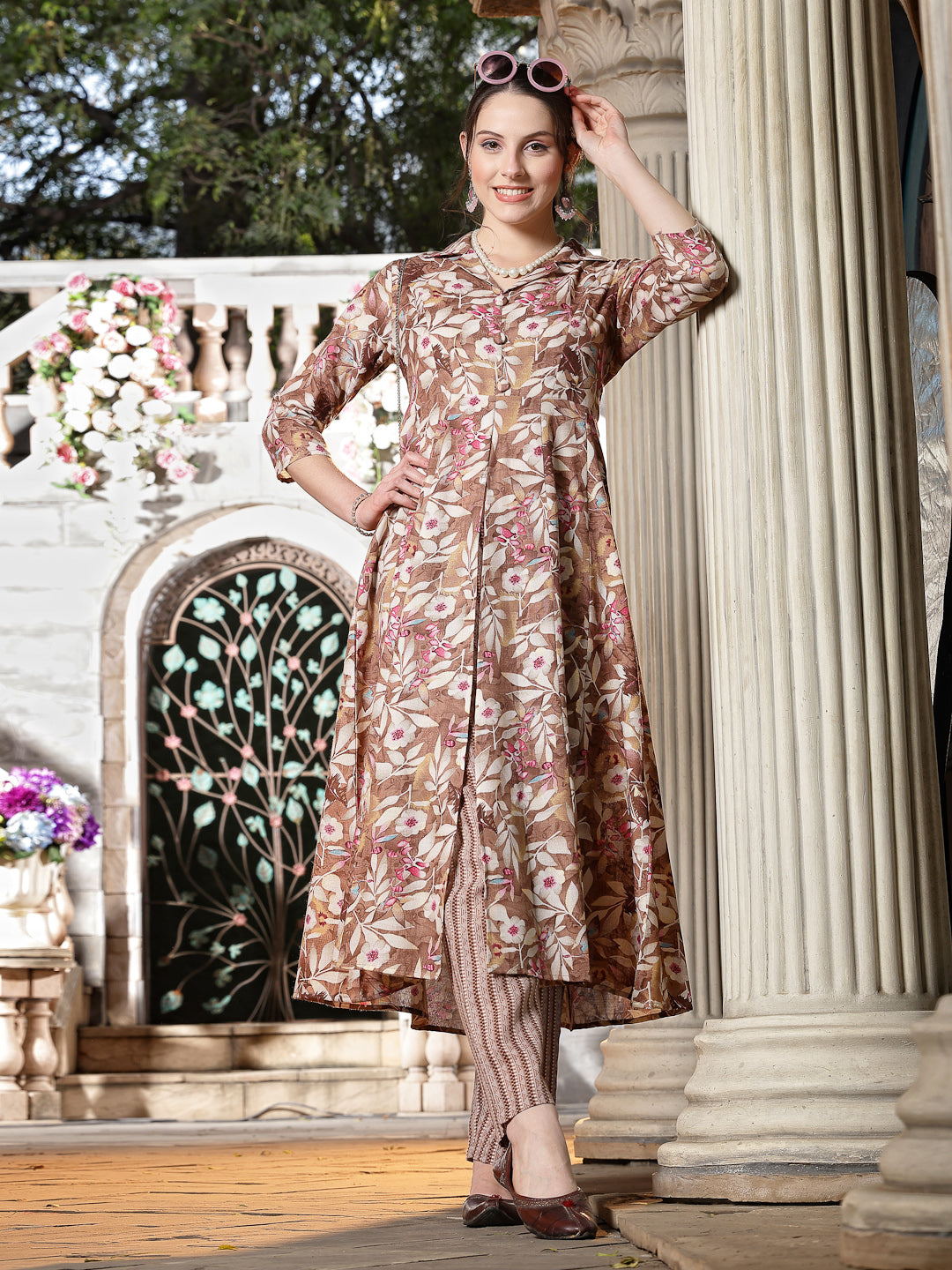 Stylum Women's Floral Printed Cotton Blend A-Line Kurta and Pant Set (KPBROWNSURBHI)