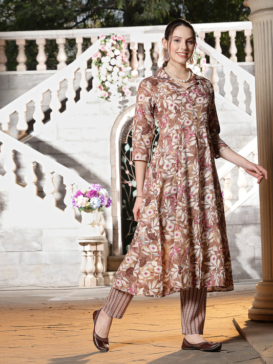 Stylum Women's Floral Printed Cotton Blend A-Line Kurta and Pant Set (KPBROWNSURBHI)