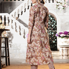 Stylum Women's Floral Printed Cotton Blend A-Line Kurta and Pant Set (KPBROWNSURBHI)