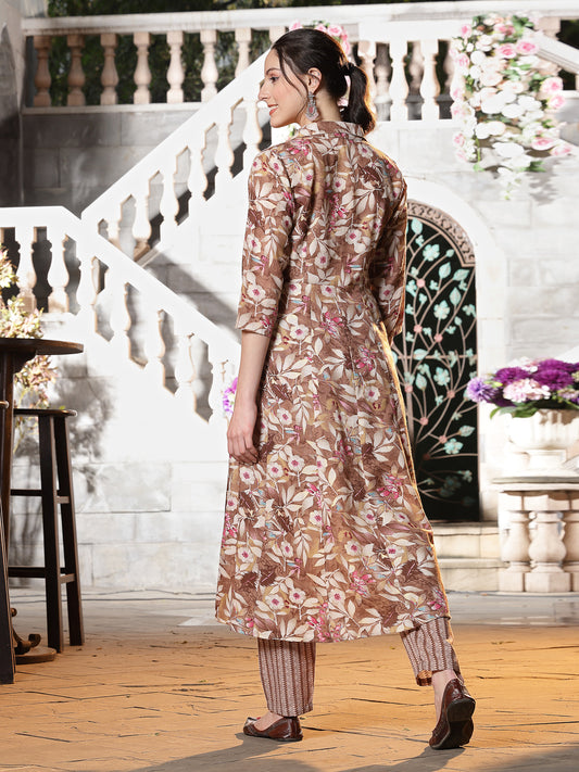 Stylum Women's Floral Printed Cotton Blend A-Line Kurta and Pant Set (KPBROWNSURBHI)