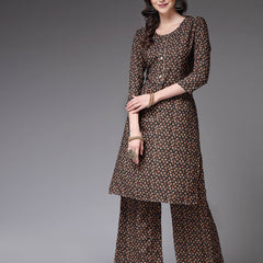Stylum Women's Printed Poly Crepe Straight Kurta Palazzo Set (KPBROWNTALE)