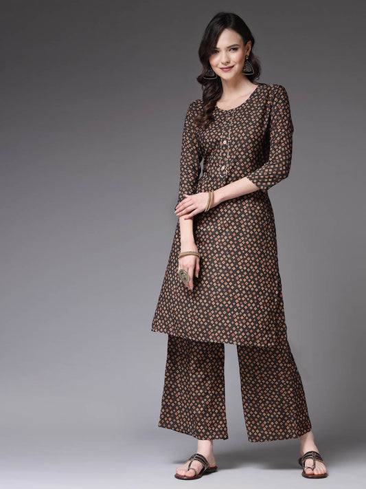 Stylum Women's Printed Poly Crepe Straight Kurta Palazzo Set (KPBROWNTALE)