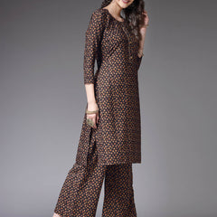 Stylum Women's Printed Poly Crepe Straight Kurta Palazzo Set (KPBROWNTALE)