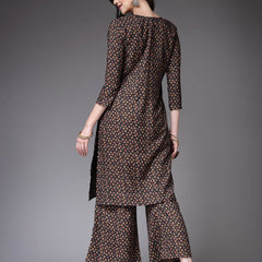 Stylum Women's Printed Poly Crepe Straight Kurta Palazzo Set (KPBROWNTALE)