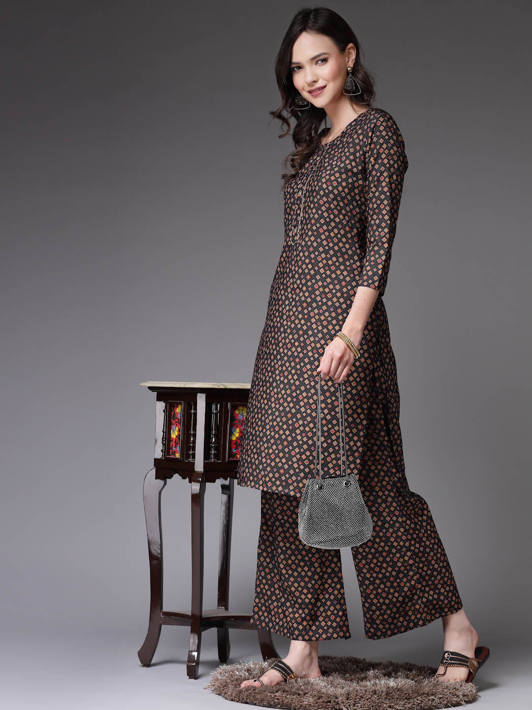 Stylum Women's Printed Poly Crepe Straight Kurta Palazzo Set (KPBROWNTALE)