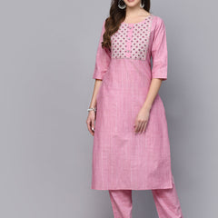Pink Cotton Blend Straight Kurta Pant Set