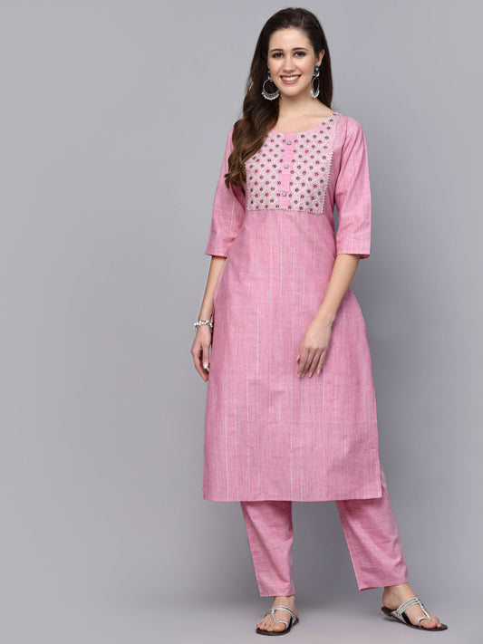 Pink Cotton Blend Straight Kurta Pant Set