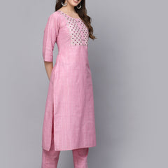 Stylum Women's Woven Design & Embroidered Cotton Blend Straight Kurta Pant Set (KPBRUNOPINK)