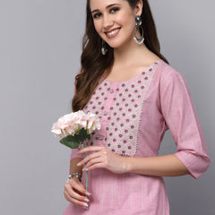 Pink Cotton Blend Straight Kurta Pant Set