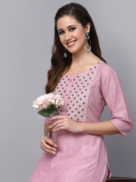 Pink Cotton Blend Straight Kurta Pant Set