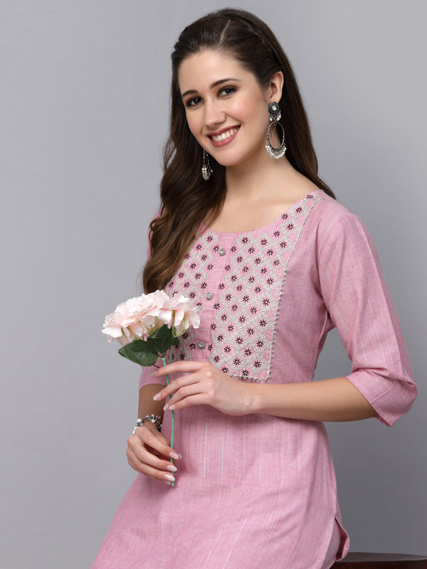 Pink Cotton Blend Straight Kurta Pant Set