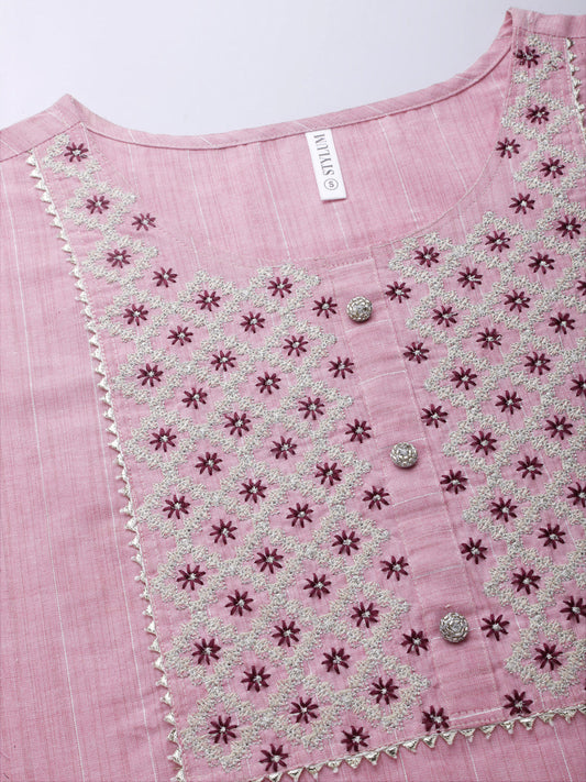 Stylum Women's Woven Design & Embroidered Cotton Blend Straight Kurta Pant Set (KPBRUNOPINK)