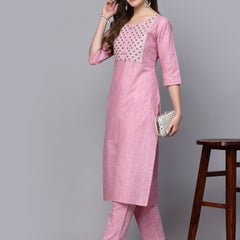 Stylum Women's Woven Design & Embroidered Cotton Blend Straight Kurta Pant Set (KPBRUNOPINK)