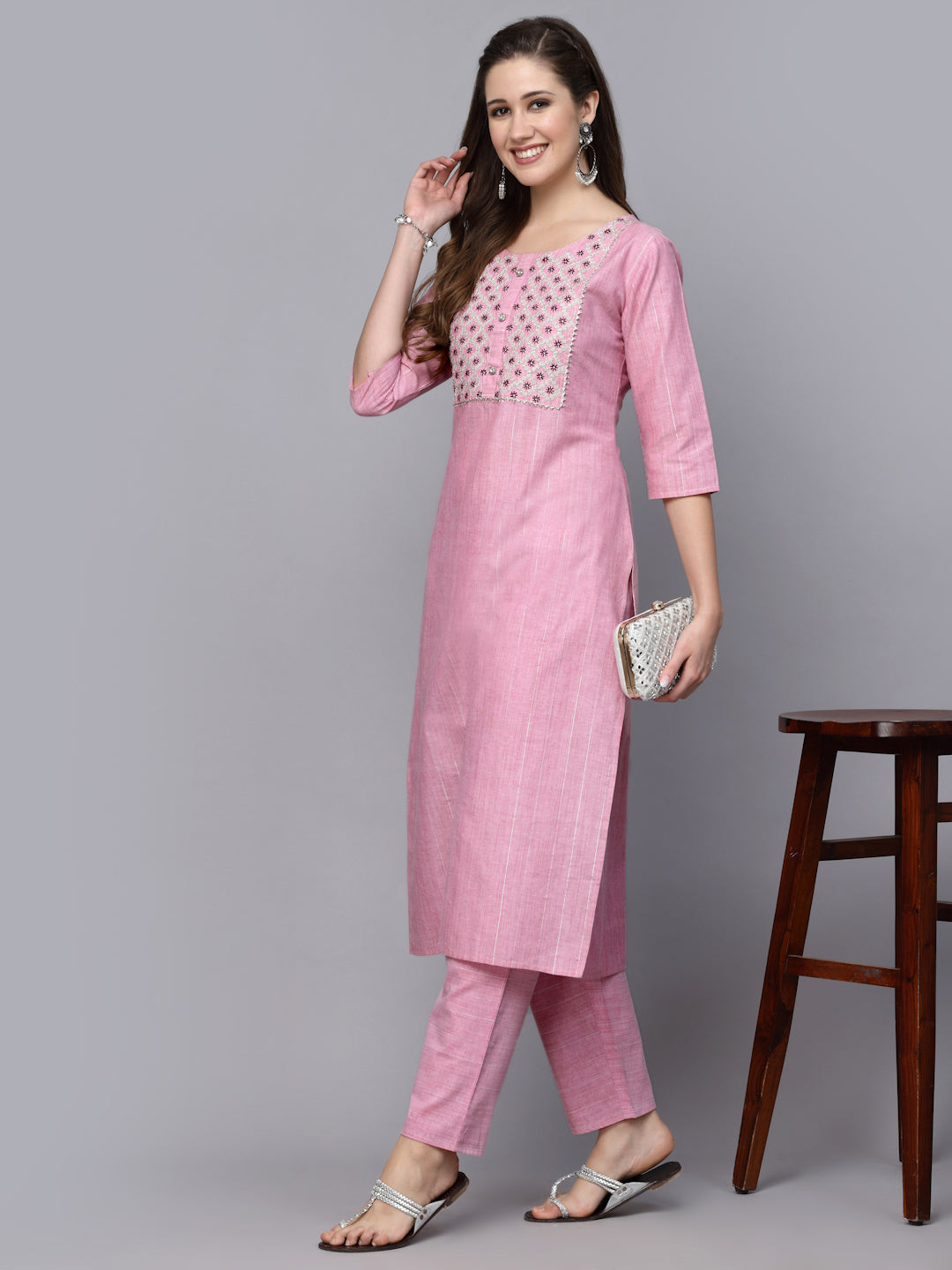 Stylum Women's Woven Design & Embroidered Cotton Blend Straight Kurta Pant Set (KPBRUNOPINK)