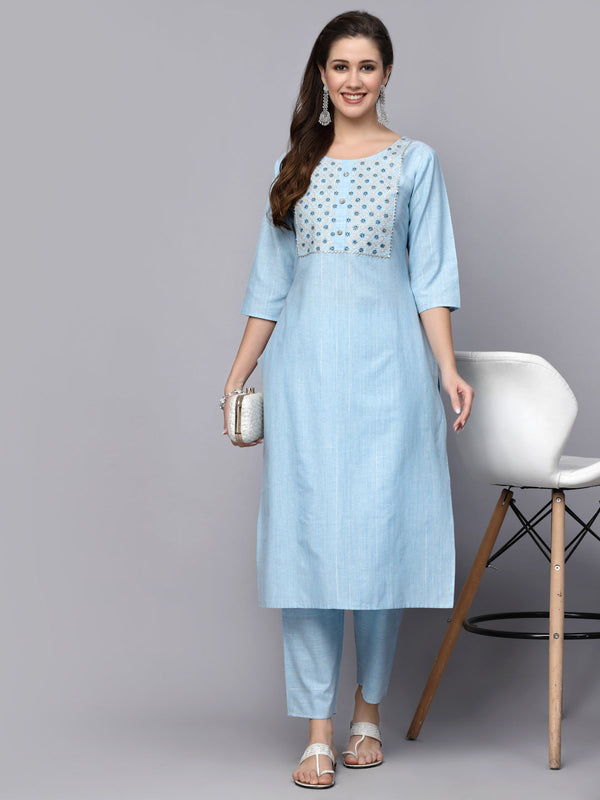 Stylum Women's Woven Design & Embroidered Cotton Blend Straight Kurta Pant Set (KPBRUNOSKY)