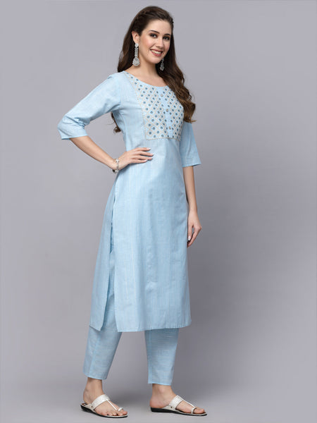 Stylum Women's Woven Design & Embroidered Cotton Blend Straight Kurta Pant Set (KPBRUNOSKY)