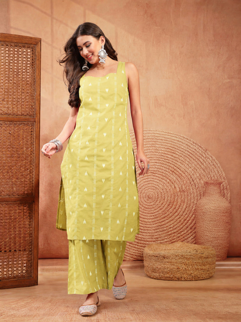Stylum Women's Corn Woven Design Cotton Straight Kurta Palazzo Set (KPCORNMATRU)