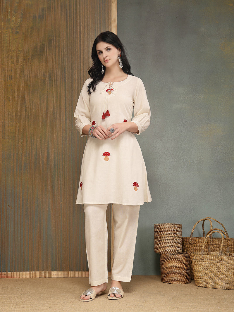 Stylum Women's Cream Solid & Embroidered Cotton Flex A-Line Kurti Pant Set (KPCREAMANKURI)