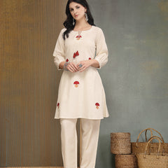 Stylum Women's Cream Solid & Embroidered Cotton Flex A-Line Kurti Pant Set (KPCREAMANKURI)