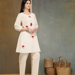 Stylum Women's Cream Solid & Embroidered Cotton Flex A-Line Kurti Pant Set (KPCREAMANKURI)