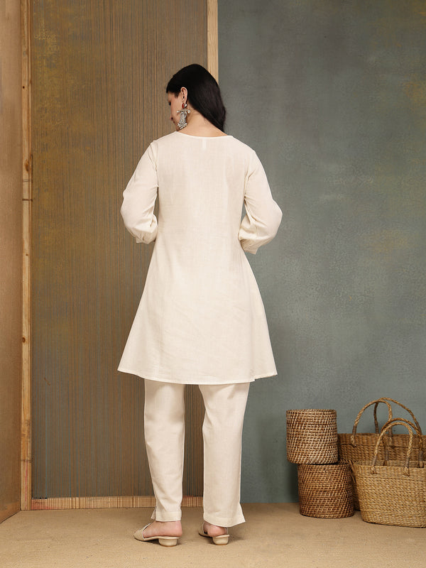 Stylum Women's Cream Solid & Embroidered Cotton Flex A-Line Kurti Pant Set (KPCREAMANKURI)