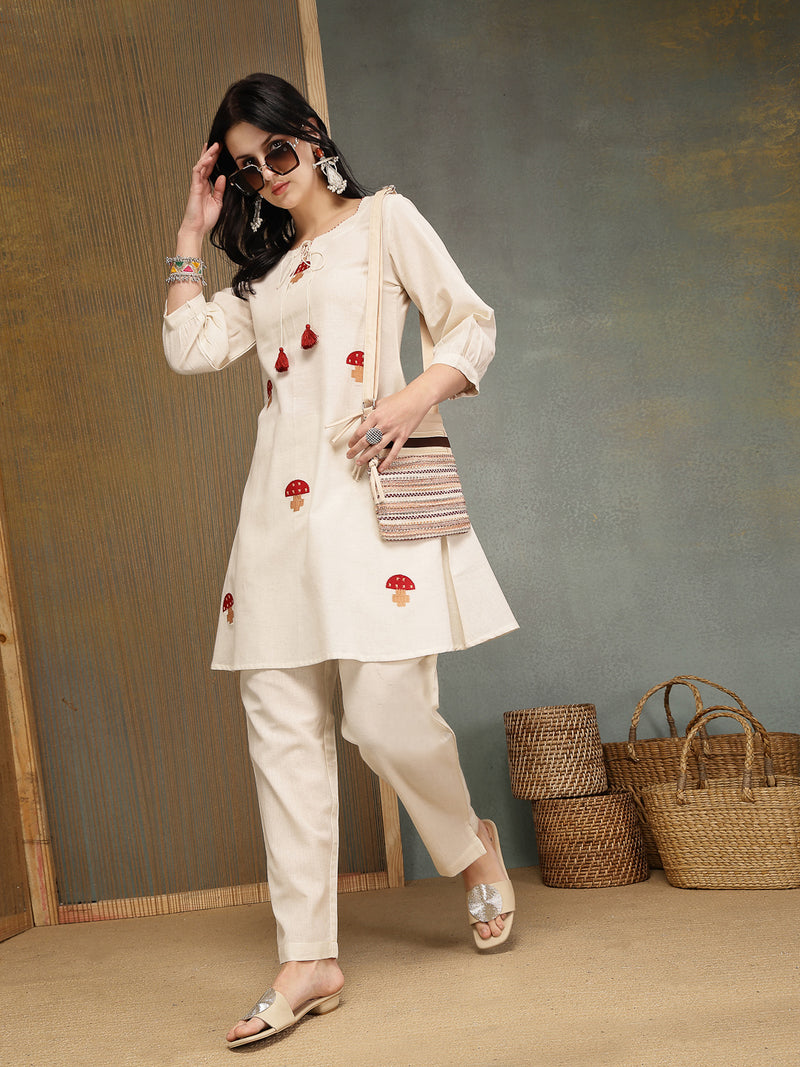 Stylum Women's Cream Solid & Embroidered Cotton Flex A-Line Kurti Pant Set (KPCREAMANKURI)
