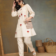 Stylum Women's Cream Solid & Embroidered Cotton Flex A-Line Kurti Pant Set (KPCREAMANKURI)