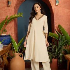 Stylum Women's Cream Solid & Embroidered Cotton Flex A-Line Kurta Pant Set (KPCREAMARJAM)