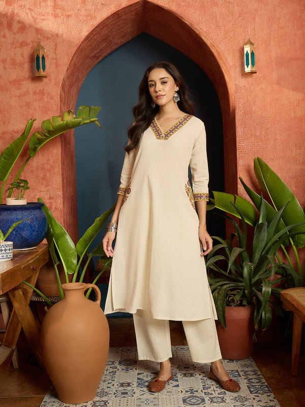 Stylum Women's Cream Solid & Embroidered Cotton Flex A-Line Kurta Pant Set (KPCREAMARJAM)