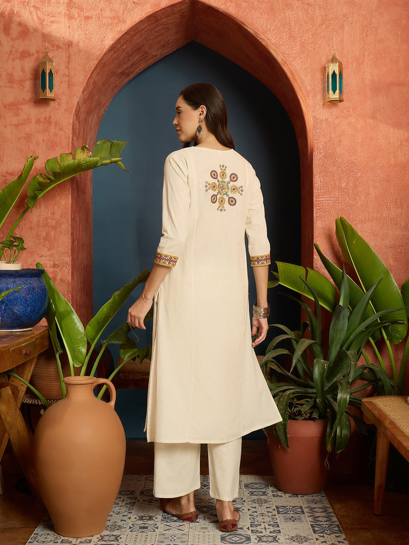 Stylum Women's Cream Solid & Embroidered Cotton Flex A-Line Kurta Pant Set (KPCREAMARJAM)
