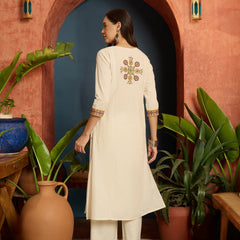 Stylum Women's Cream Solid & Embroidered Cotton Flex A-Line Kurta Pant Set (KPCREAMARJAM)