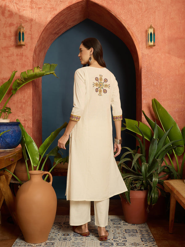 Stylum Women's Cream Solid & Embroidered Cotton Flex A-Line Kurta Pant Set (KPCREAMARJAM)