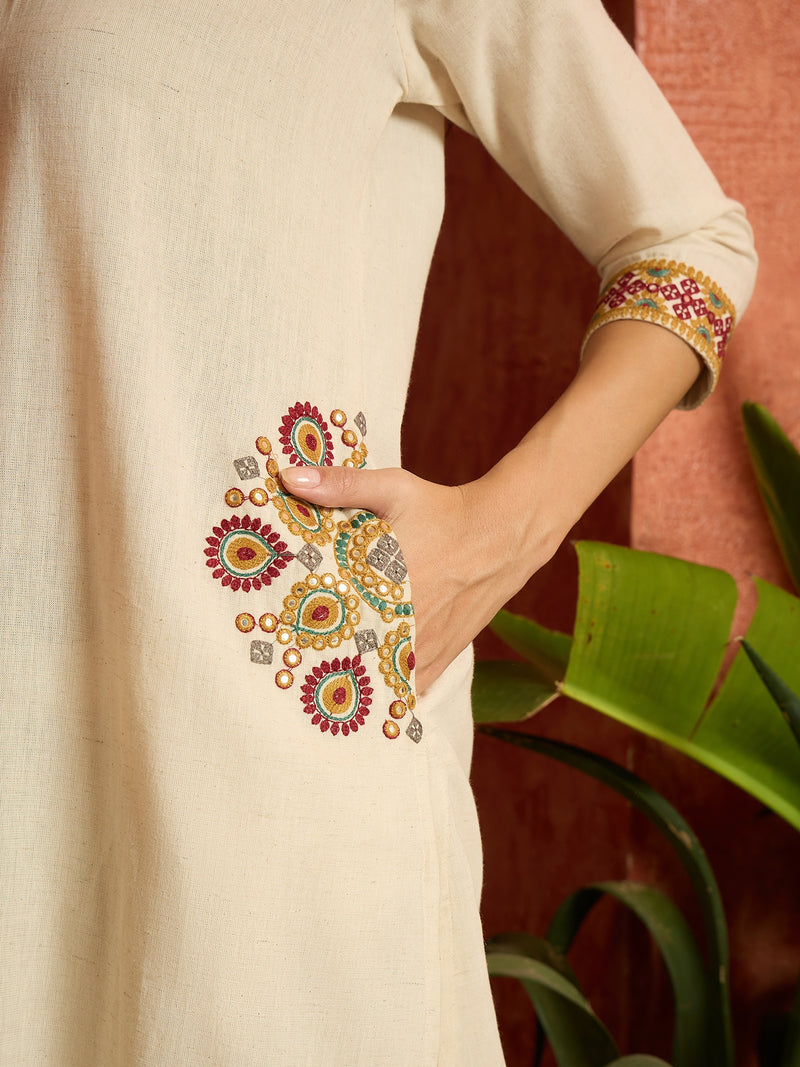 Stylum Women's Cream Solid & Embroidered Cotton Flex A-Line Kurta Pant Set (KPCREAMARJAM)