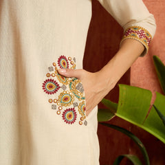 Stylum Women's Cream Solid & Embroidered Cotton Flex A-Line Kurta Pant Set (KPCREAMARJAM)