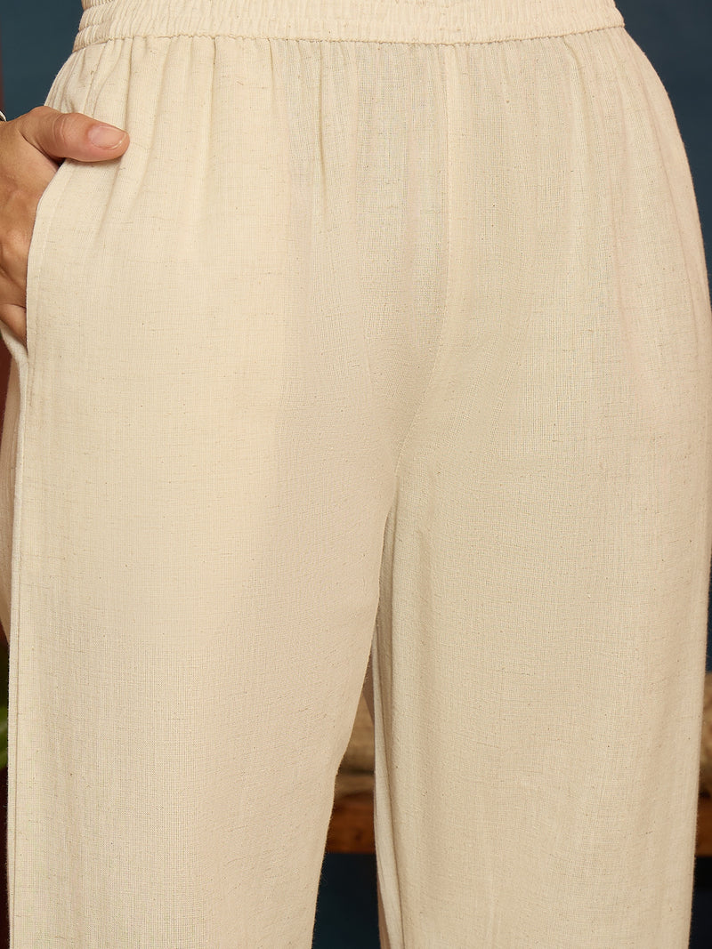 Stylum Women's Cream Solid & Embroidered Cotton Flex A-Line Kurta Pant Set (KPCREAMARJAM)