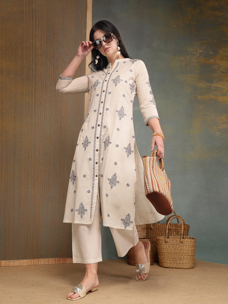 Stylum Women's Cream Solid & Embroidered Cotton Flex A-Line Kurta Pant Set (KPCREAMSAM)