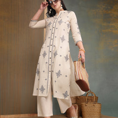 Stylum Women's Cream Solid & Embroidered Cotton Flex A-Line Kurta Pant Set (KPCREAMSAM)