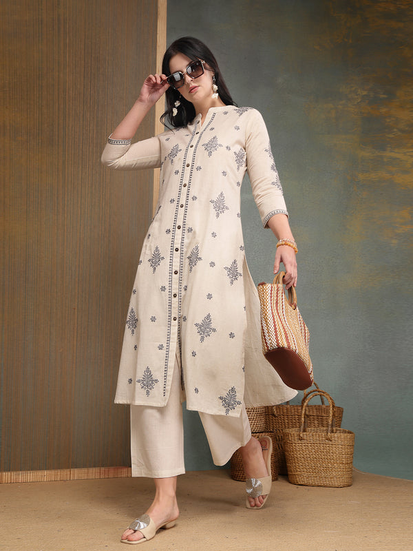 Stylum Women's Cream Solid & Embroidered Cotton Flex A-Line Kurta Pant Set (KPCREAMSAM)
