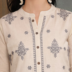 Stylum Women's Cream Solid & Embroidered Cotton Flex A-Line Kurta Pant Set (KPCREAMSAM)