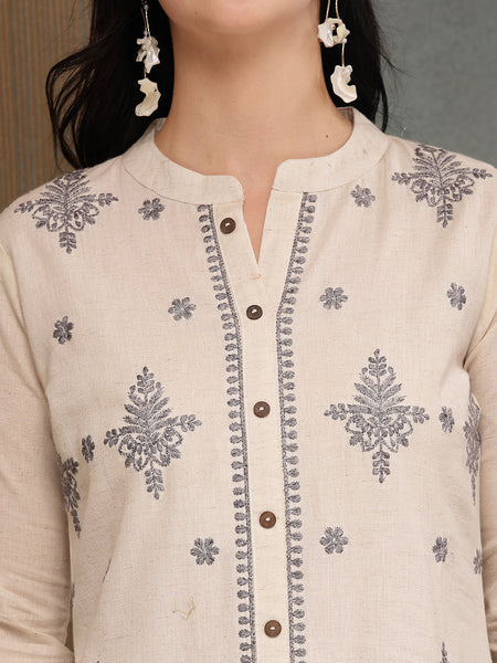 Stylum Women's Cream Solid & Embroidered Cotton Flex A-Line Kurta Pant Set (KPCREAMSAM)