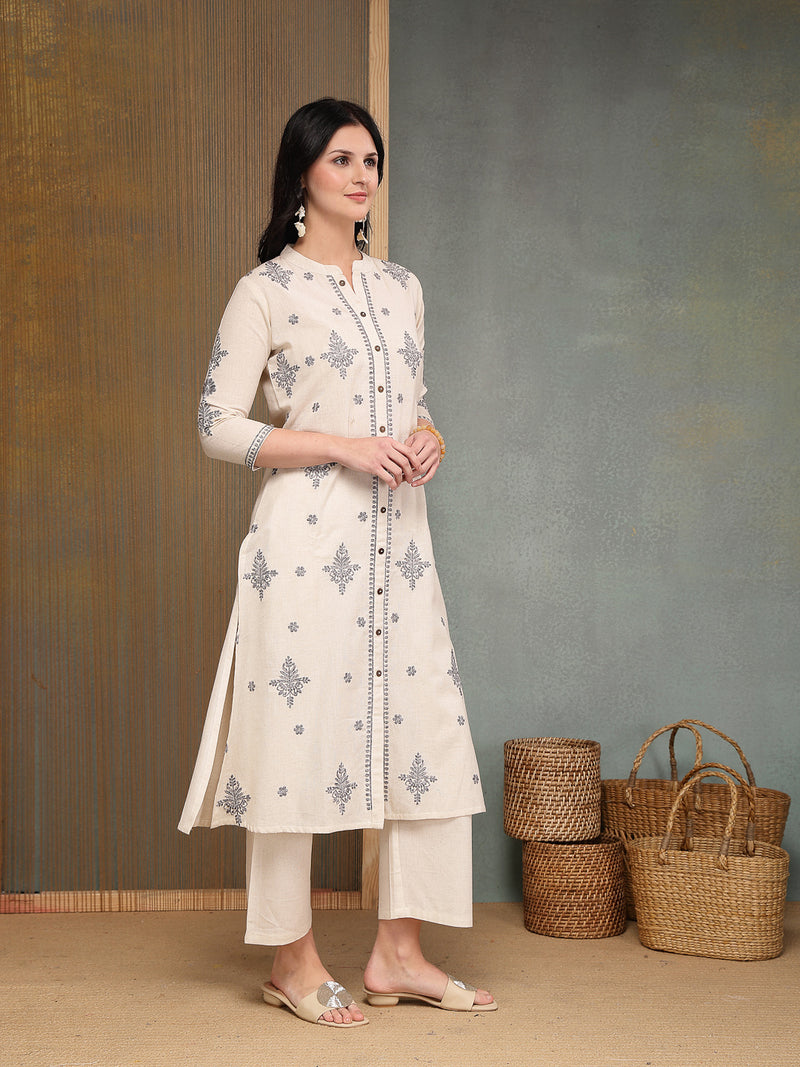 Stylum Women's Cream Solid & Embroidered Cotton Flex A-Line Kurta Pant Set (KPCREAMSAM)