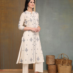 Stylum Women's Cream Solid & Embroidered Cotton Flex A-Line Kurta Pant Set (KPCREAMSAM)