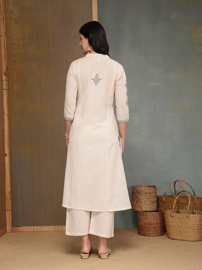 Stylum Women's Cream Solid & Embroidered Cotton Flex A-Line Kurta Pant Set (KPCREAMSAM)