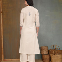 Stylum Women's Cream Solid & Embroidered Cotton Flex A-Line Kurta Pant Set (KPCREAMSAM)