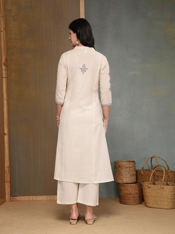 Stylum Women's Cream Solid & Embroidered Cotton Flex A-Line Kurta Pant Set (KPCREAMSAM)